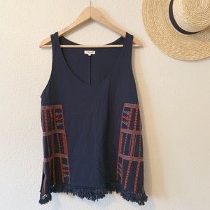 Madewell Navy Embroidered Top w Fringe